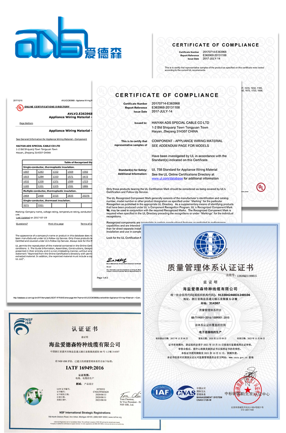 爱德森_美标UL1007 PVC电子线证书